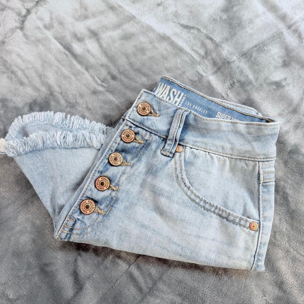 Super High Rise Jean Shorts 3/26 Rewash Vintage Reunion Frayed Hem Stretch Booty - Picture 1 of 16